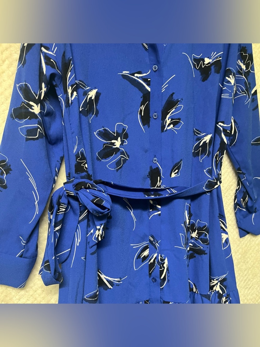 Nine West Shirt Dress Ruffle Hem Floral Button-Front Tie Waist Blue Medium - Picture 5 of 11
